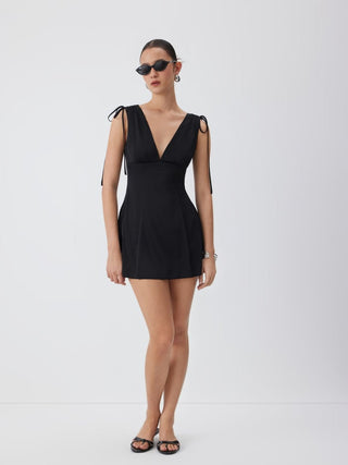 Satin V-neck Drawstring A-line Mini Dress