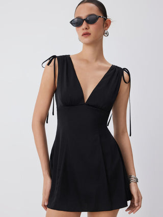Satin V-neck Drawstring A-line Mini Dress