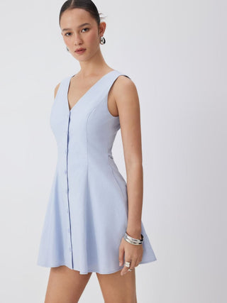 Linen-blend V-neck Button Through Tie Back A-line Mini Dress