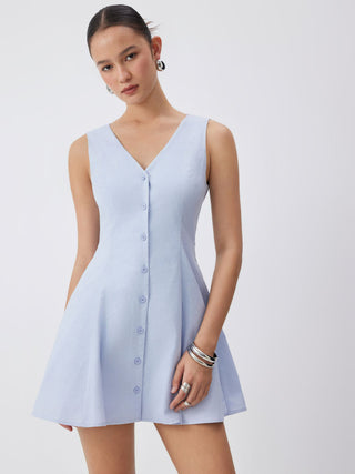 Linen-blend V-neck Button Through Tie Back A-line Mini Dress