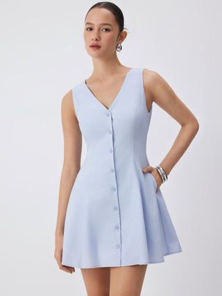 Linen-blend V-neck Button Through Tie Back A-line Mini Dress