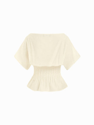 Linen-blend Linen-blend Boat Neck Ruched Batwing Sleeve Blouse For Daily Casual