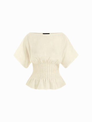 Linen-blend Linen-blend Boat Neck Ruched Batwing Sleeve Blouse For Daily Casual