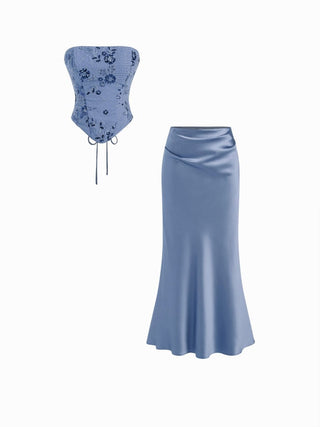 Lace Sculptural Embroidery Floral Corset Top & High Rise Mermaid Maxi Skirt Set