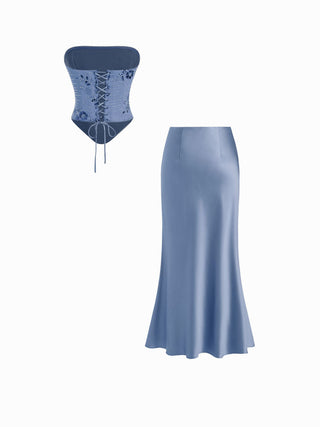 Lace Sculptural Embroidery Floral Corset Top & High Rise Mermaid Maxi Skirt Set