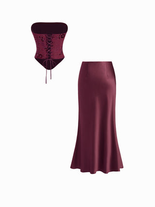 Lace Sculptural Embroidery Floral Corset Top & High Rise Mermaid Maxi Skirt Set