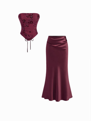 Lace Sculptural Embroidery Floral Corset Top & High Rise Mermaid Maxi Skirt Set