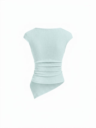 Textured Cut Out Drawstring Ruched Asymmetrical Hem Short Sleeve Top
