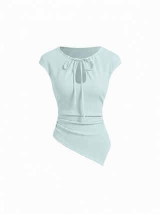 Textured Cut Out Drawstring Ruched Asymmetrical Hem Short Sleeve Top