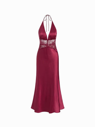Satin Polka Dot V-neck Lace Panel Mermaid Maxi Dress