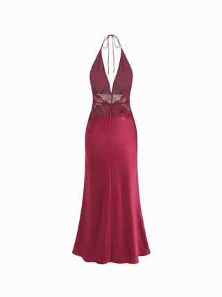 Satin Polka Dot V-neck Lace Panel Mermaid Maxi Dress