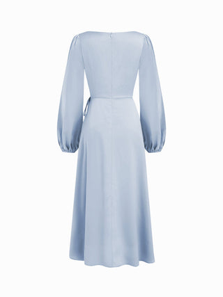 Satin Boat Neck Lantern Sleeve Asymmetrical Maxi Dress