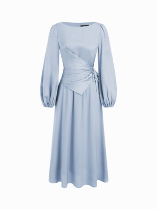 Satin Boat Neck Lantern Sleeve Asymmetrical Maxi Dress