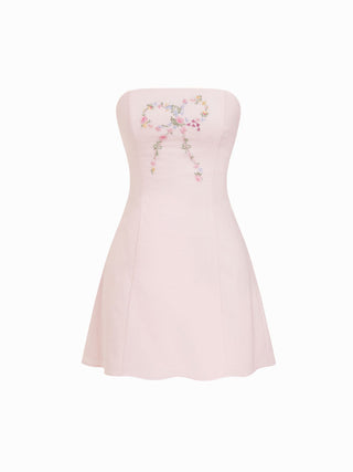 Linen-blend Floral Bowknot Embroidery Lace up Flared Mini Dress