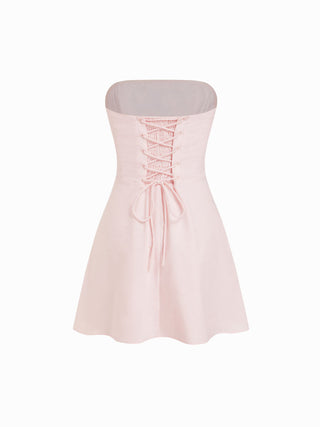 Linen-blend Floral Bowknot Embroidery Lace up Flared Mini Dress