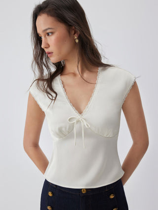 V-neck Lace Trim Ruched Bowknot Crop Blouse