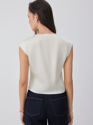 V-neck Lace Trim Ruched Bowknot Crop Blouse