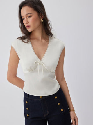 V-neck Lace Trim Ruched Bowknot Crop Blouse