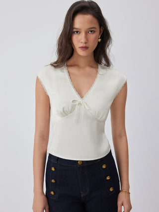 V-neck Lace Trim Ruched Bowknot Crop Blouse