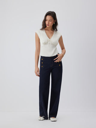 V-neck Lace Trim Ruched Bowknot Crop Blouse