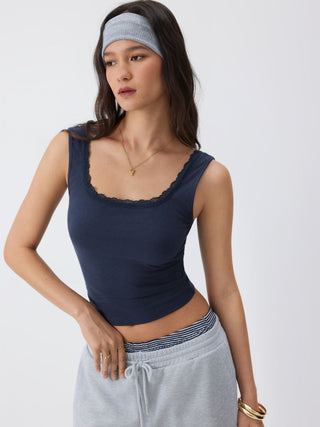 High Stretch Cotton-blend Scoop Neckline Lace Trim Tank Top
