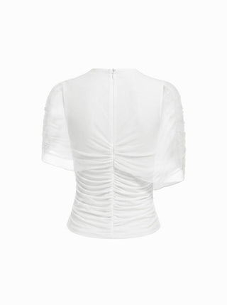 Mesh Round Neckline Ruched Short Sleeve Top