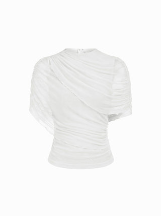Mesh Round Neckline Ruched Short Sleeve Top