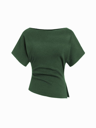 Knit Fabric Knit Boat Neck Asymmetrical Hem Spilt Batwing Sleeve Top  For Daily Casual Work