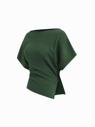 Knit Fabric Knit Boat Neck Asymmetrical Hem Spilt Batwing Sleeve Top  For Daily Casual Work