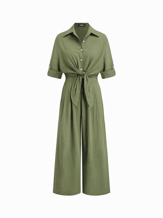 Linen-blend Linen-blend Collar Knotted Roll Hem Oversized Jumpsuit For Work