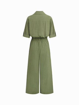 Linen-blend Linen-blend Collar Knotted Roll Hem Oversized Jumpsuit For Work