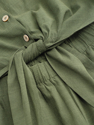 Linen-blend Linen-blend Collar Knotted Roll Hem Oversized Jumpsuit For Work