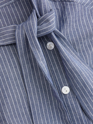 Linen-blend Striped High Neck Knotted Blouse With Scarf