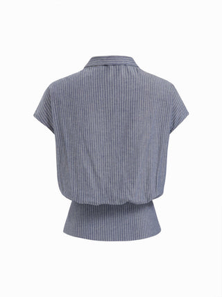 Linen-blend Striped High Neck Knotted Blouse With Scarf