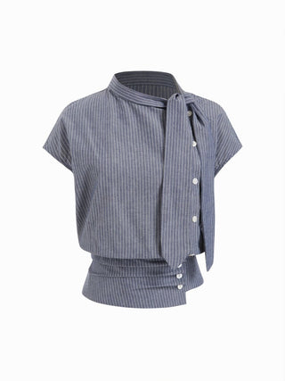 Linen-blend Striped High Neck Knotted Blouse With Scarf