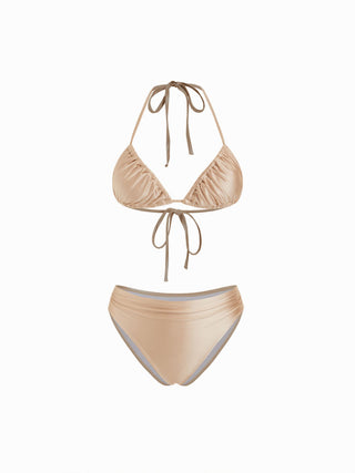 Metallic Halter Neckline Ruched Triangle Low Rise Bikini Set