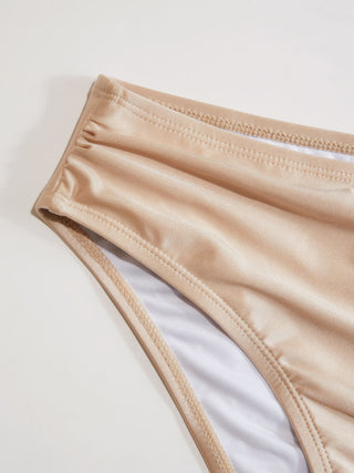 Metallic Halter Neckline Ruched Triangle Low Rise Bikini Set