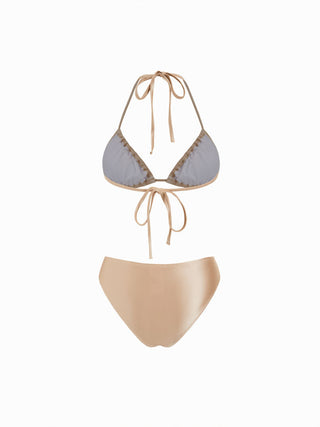 Metallic Halter Neckline Ruched Triangle Low Rise Bikini Set