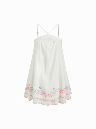 Linen-blend Halter Neckline Fruit Embroidery Scalloped Hem Oversized A-line Mini Dress