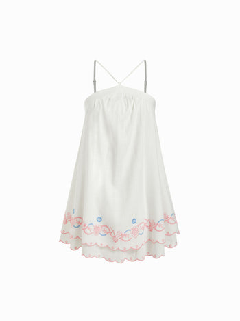Linen-blend Halter Neckline Fruit Embroidery Scalloped Hem Oversized A-line Mini Dress