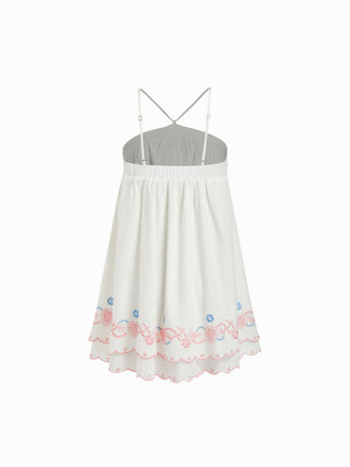 Linen-blend Halter Neckline Fruit Embroidery Scalloped Hem Oversized A-line Mini Dress
