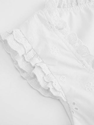 Square Neck Ruffled Top & Low Rise Embroidery Ruffle Hem Mini Skirt Set