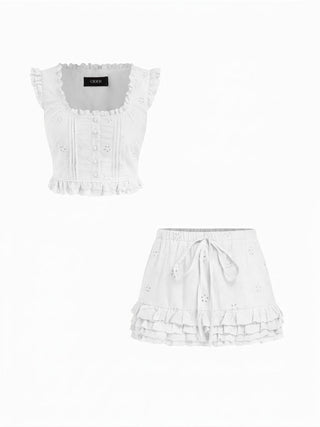 Square Neck Ruffled Top & Low Rise Embroidery Ruffle Hem Mini Skirt Set