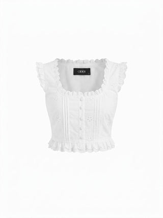 Square Neck Ruffled Top & Low Rise Embroidery Ruffle Hem Mini Skirt Set