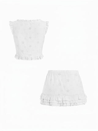 Square Neck Ruffled Top & Low Rise Embroidery Ruffle Hem Mini Skirt Set