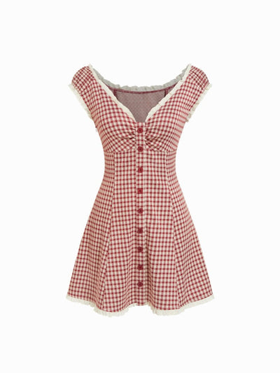 Gingham V-neck Short Sleeve Ruched Lace Trim A-line Mini Dress