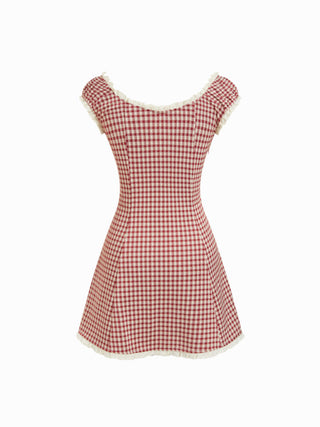 Gingham V-neck Short Sleeve Ruched Lace Trim A-line Mini Dress