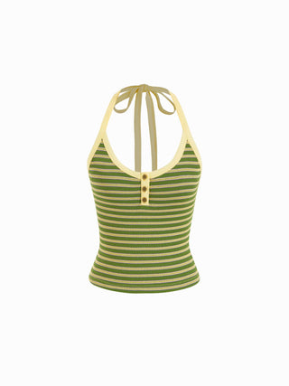 Cotton-blend Textured Stripe Halter Neckline Colorblock Top