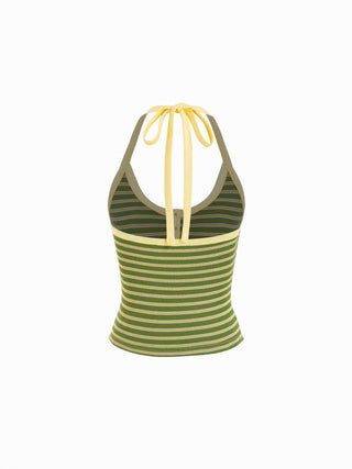 Cotton-blend Textured Stripe Halter Neckline Colorblock Top