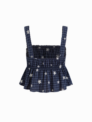 Cotton-blend Gingham Floral Lace Trim Tie Front Crop Cami Blouse